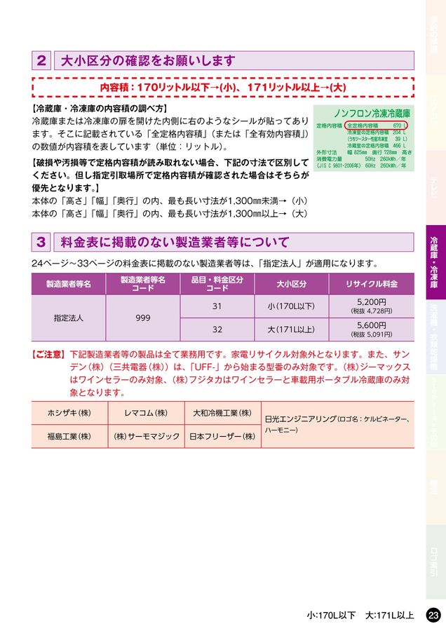 609C 503C 冷蔵庫　ビートウォッシュ セット　回収費用込み 家電リサイクル料金一覧表2025年7月版