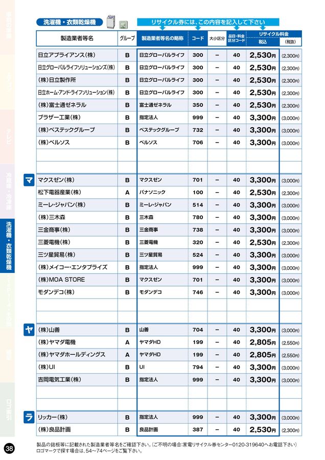 ファルコン 冷蔵庫（175L）洗濯機処分費用込 家電リサイクル料金一覧表2025年7月版