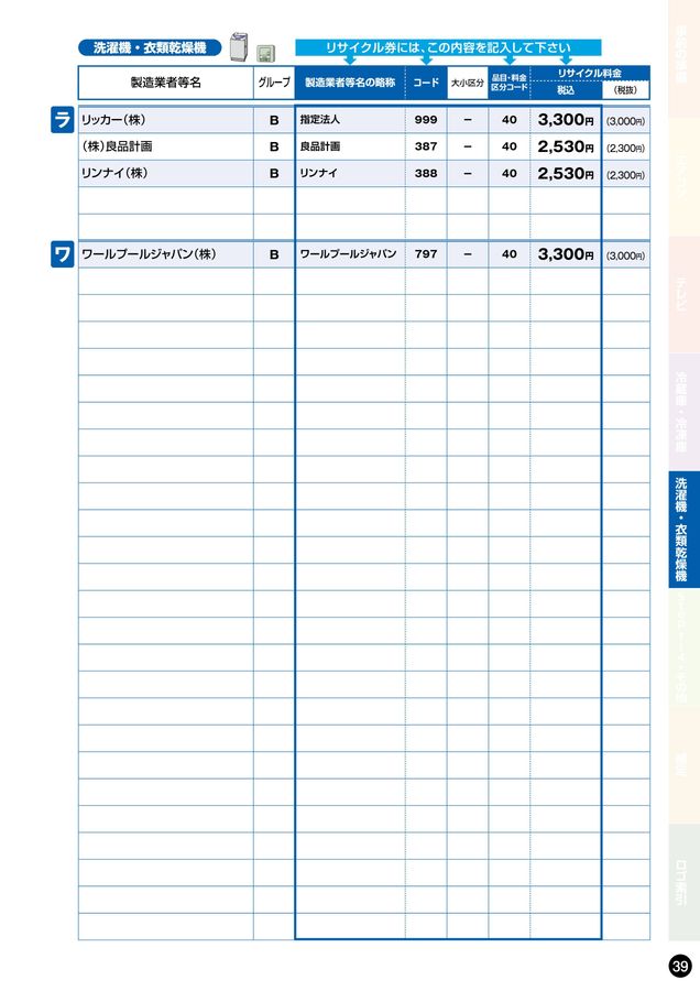 家電リサイクル料金一覧表2025年10月版