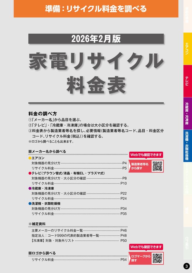 家電リサイクル料金一覧表2026年2月版